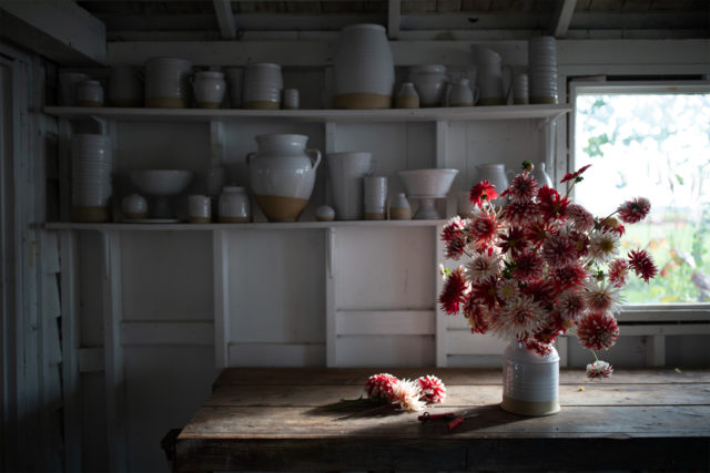 composizione di dalie alla luce del tramonto nel studio Floret