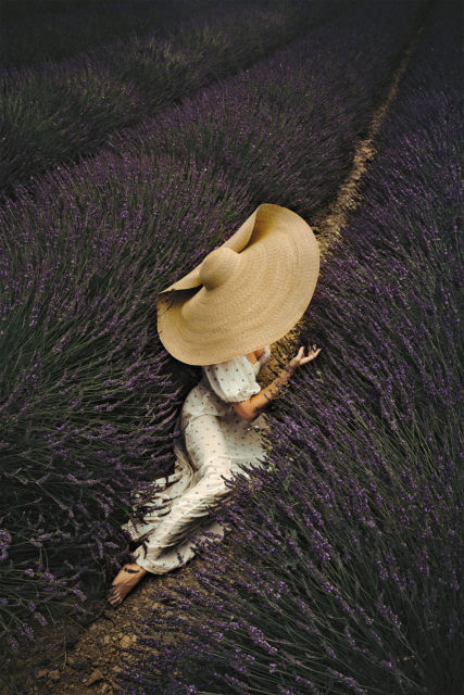 Jamie Beck sdraiata in un campo di lavanda selvatica