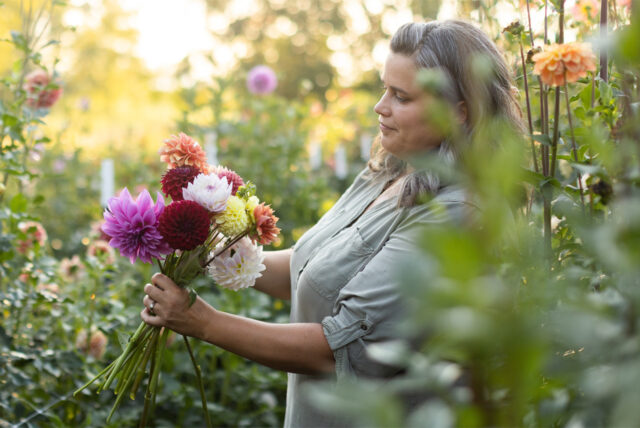 Fondatore di Coseytown Flowers LeeAnn Huber con una manciata di fiori di dalia